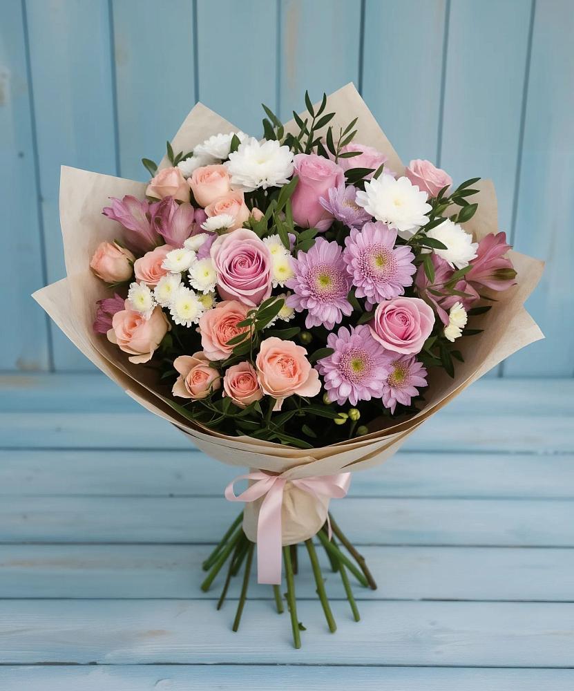 Букет цветов из: Хризантемы, Розы и Альстромерии в Красном Яре Астраханской области