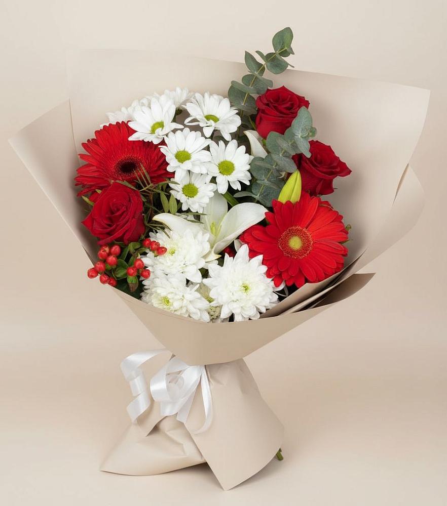 Букет цветов из: Розы, Хризантемы, Герберы и Лилии в Красном Яре Астраханской области