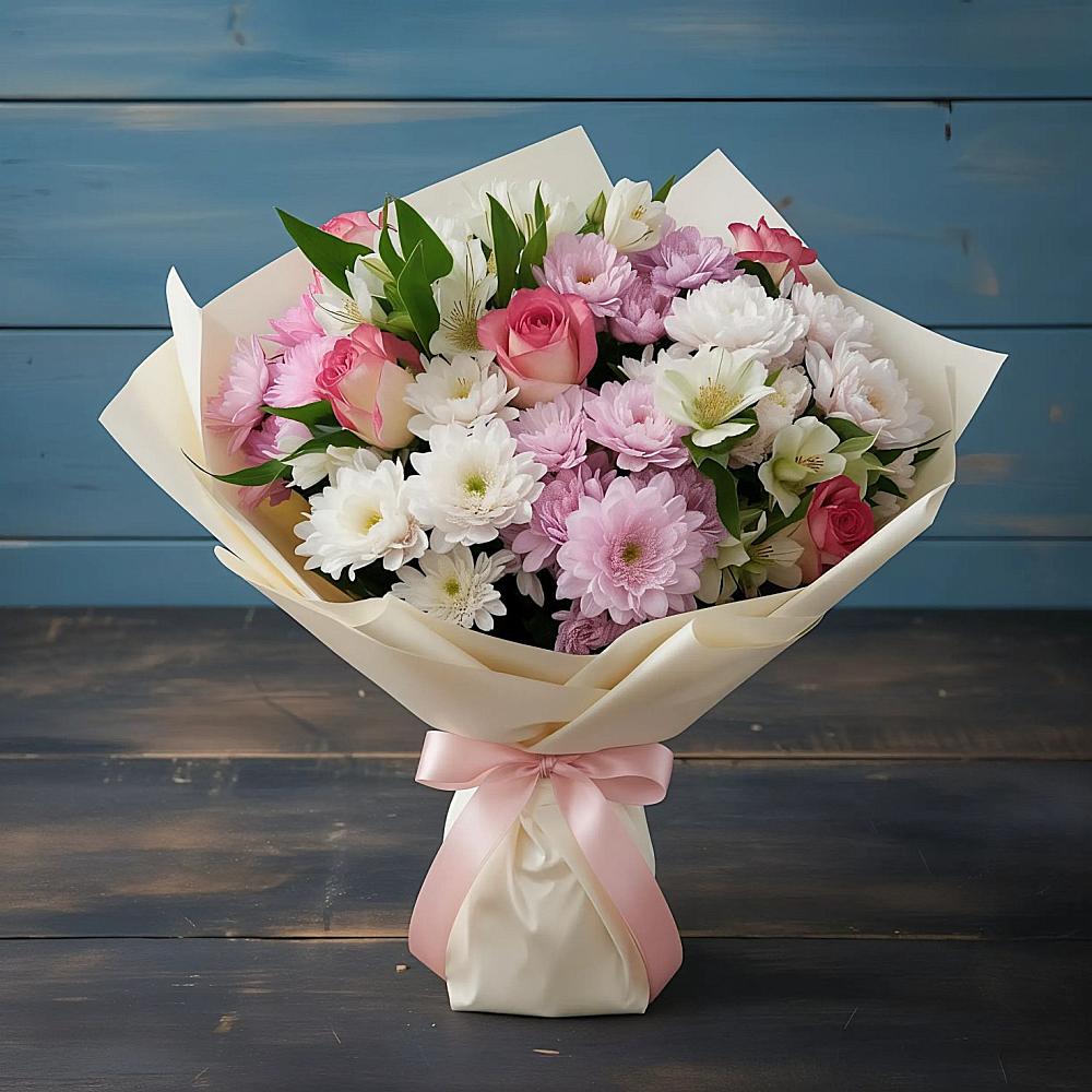 Букет цветов из: Хризантемы, Альстромерии и Розы в Красном Яре Астраханской области